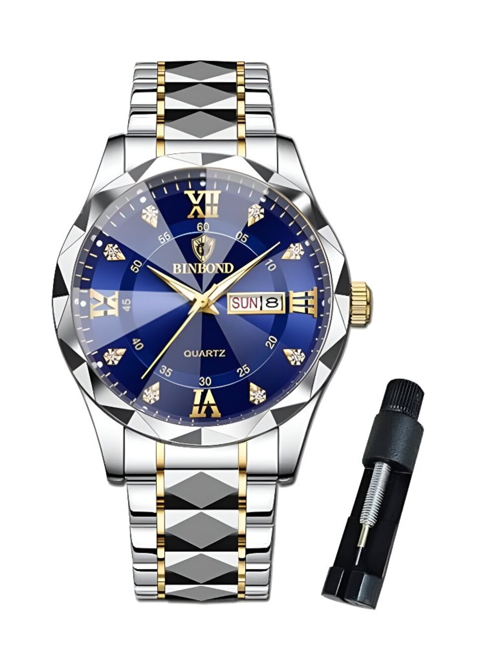 Mens Watches Diamond Big Face Stainless Steel Luxury Business Dress - F2